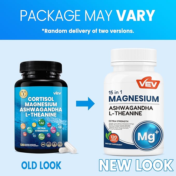 VEV Magnesium Glycinate & Citrate Cortisol Supplements for Women, Stress and Sleep Support with Ashwagandha & L-Theanine, cortisol Manager, 120 Vegan Capsules