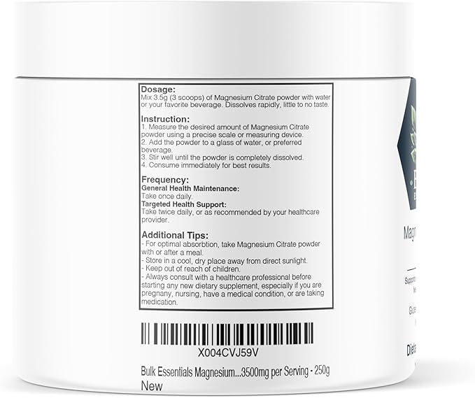 Pure Magnesium Citrate Powder – Unflavored 250g Supplement for Muscle, Heart & Digestive Support – USA Made, Free from GMO & Gluten – Magnesio 3.5g Per Serving