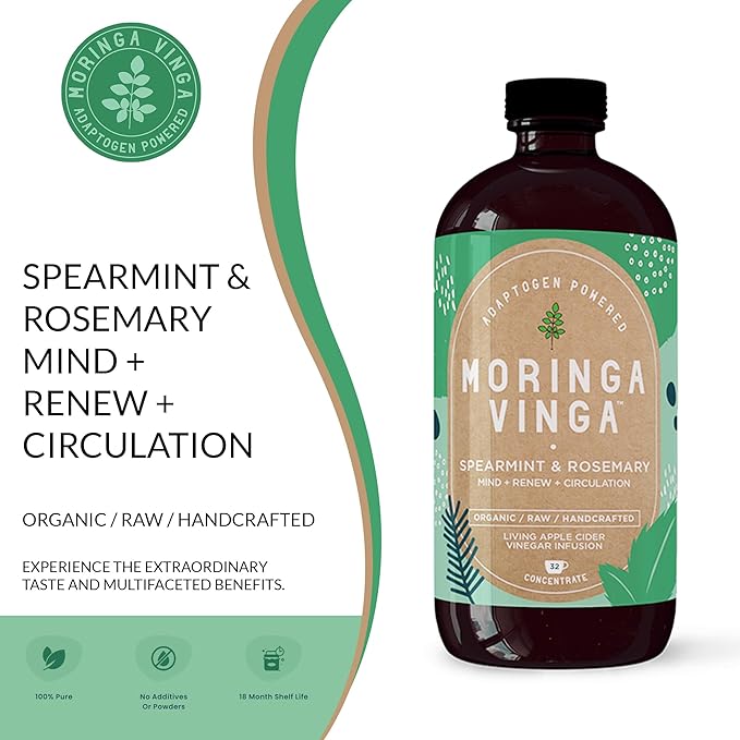 VINGA Organic Spearmint & Rosemary Moringa Infusion – Daily Herbal Tonic with Apple Cider Vinegar, Honey | Supports Mental Clarity & Circulation | Non-GMO, 8 oz