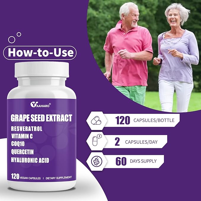 Grape Seed Extract Capsules - 400mg Grape Seed Extract Organic Supplements with Vitamin C, Resveratrol, Quercetin, CoQ10 & Hyaluronic Acid for Women & Men - 120 Capsules, 60 Days Supply
