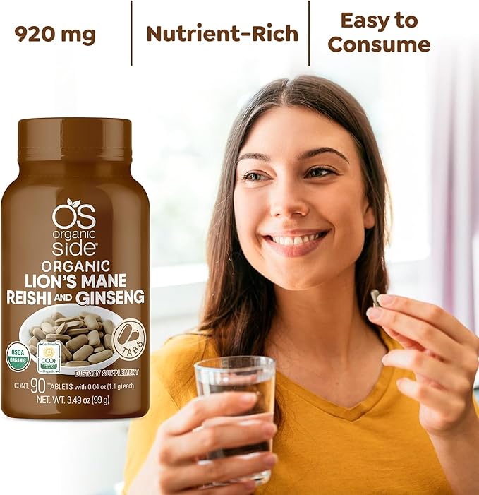 | 100% Pure Organic | Lions Mane, Reishi, & Ginseng Tablets | Adaptogens for Energy & Focus | USDA Certified, Non-GMO, Plant-Based | 90 Tablets