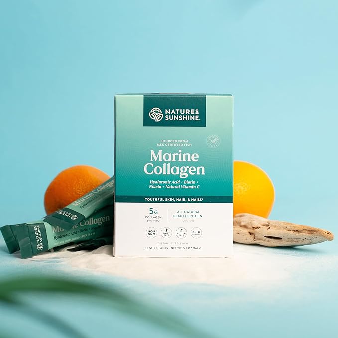 Nature's Sunshine Marine Collagen - Premium Wild-Caught Alaskan Pollock Collagen Powder - Unflavored to-Go Sticks to Support Radiant Skin and Healthy Joints