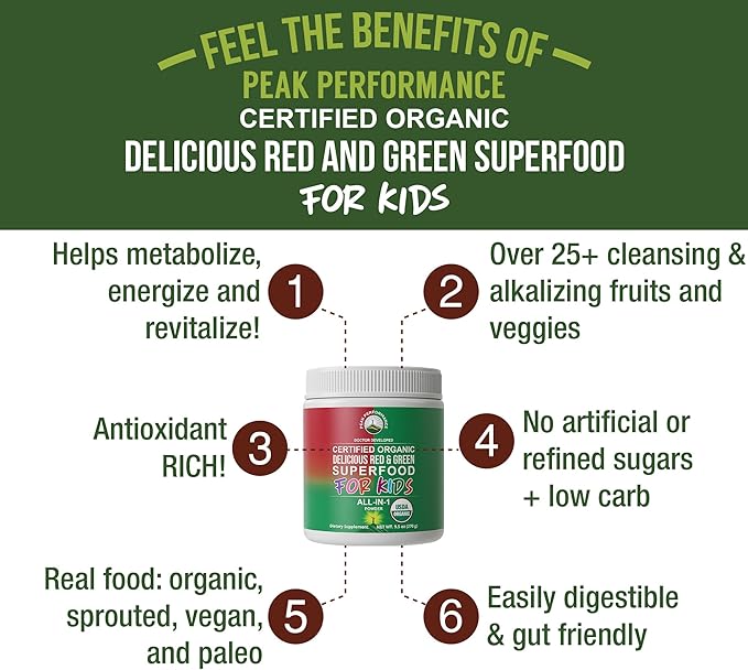 Kids Greens and Reds Superfood Powder. Best Tasting Organic Vegan Super Food Juice with 25+ Real Fruits and Vegetables. Gluten Free Real Food Vitamins. Green and Red Superfoods Supplement for Children