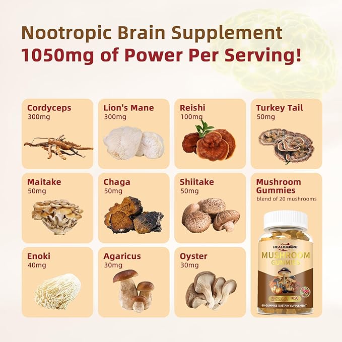 Mushroom Gummies with Lion's Mane & Cordyceps - Immune Support, Brain Health & Memory Enhancement - Vegan Mushroom Complex with Vitamin D3, B6, B9 & B12 - Focus, Energy & Cognitive Function Supplement