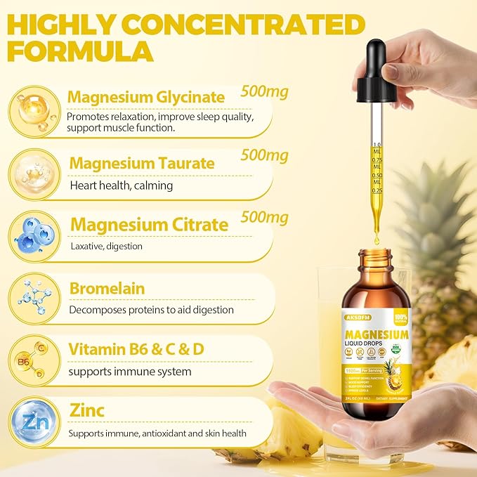 Magnesium Glycinate Liquid 2 Pack - 1500mg Maximized Absorption Magnesium Complex Supplement to Support Stress Relief, Night, Heart Health, Nerves and Muscles - Pineapple Flavor