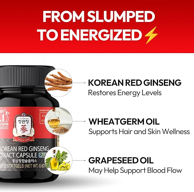 Renewed Korean Red Ginseng Extract Capsule Plus - All-in-One Vegan Supplements - Energy Boost & Immune Support, Caffeine Free & Non-GMO (600mg, 30 Capsules)