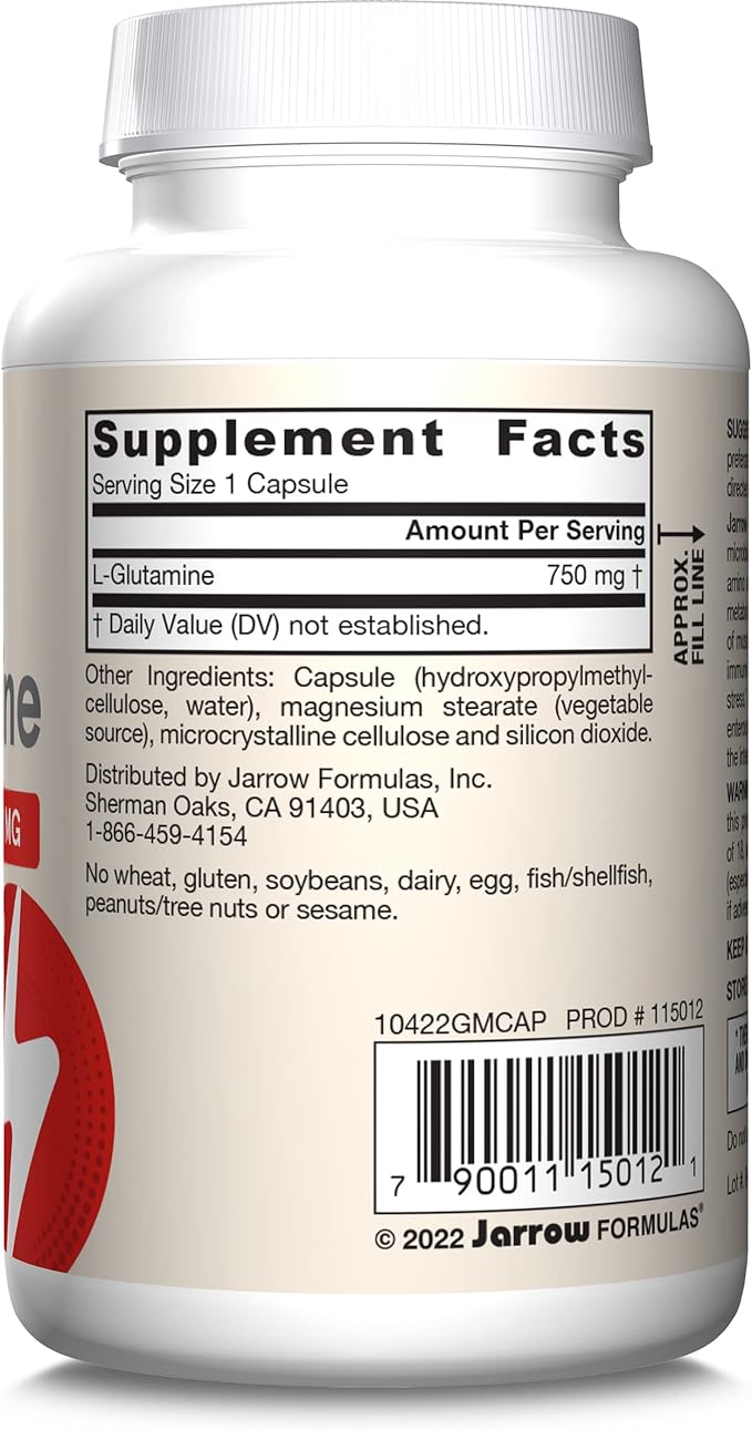 Jarrow Formulas L-Glutamine 750 mg, Dietary Supplement, Immune and Muscle Support, 120 Veggie Capsules, Up to 120 Day Supply