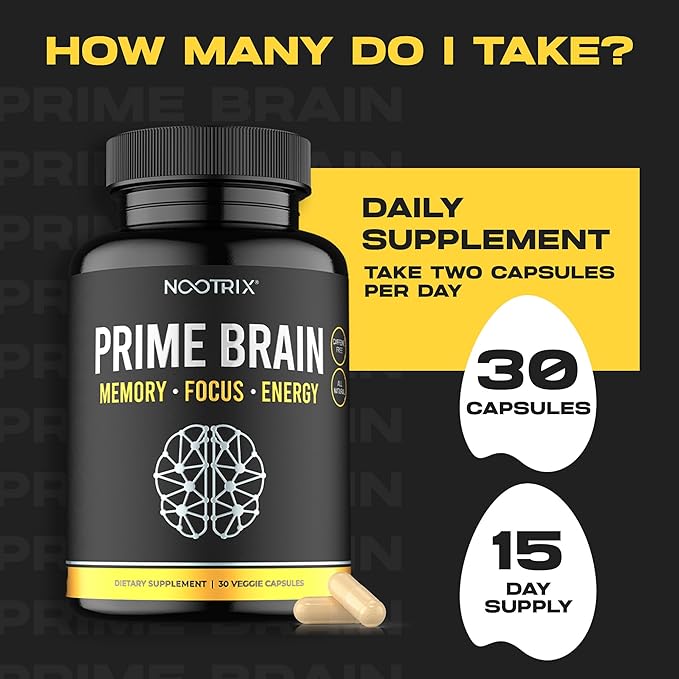 Prime Brain Nootropic Supplement | Supports Memory, Mental Focus, Cognitive Health & Energy | Promotes Healthy Mood & Brain Function | Ginkgo Biloba, Lion's Mane & L Theanine | 30 Capsules