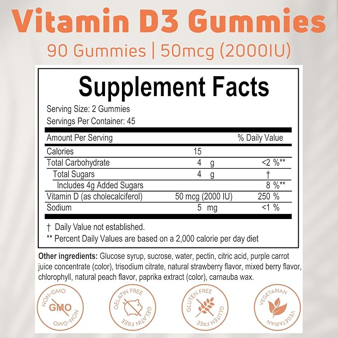 Vitamin D Gummies for Adults (Vitamin D3 2000 IU). Gelatin-Free, Gluten-Free & Non-GMO Vitamin D Gummy. Supports Bones, Muscles, and Immune System. 45 Day Supply. D3 Gummies for Adults