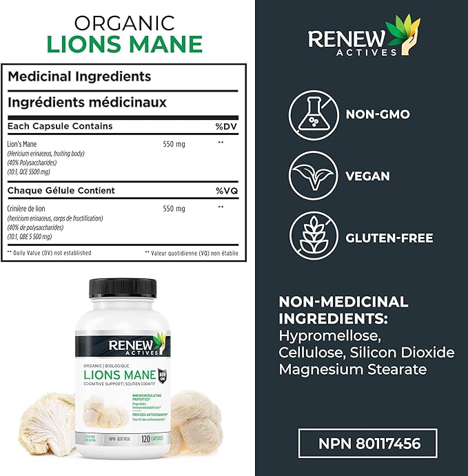 Renew Actives Premium Organic Lion's Mane Mushroom 1100MG per 2 Capsules - Supports Brain Function, Memory, Focus, Stress Relief & Immune Health, Non-GMO, Vegan - Made in Canada - 120 Capsules