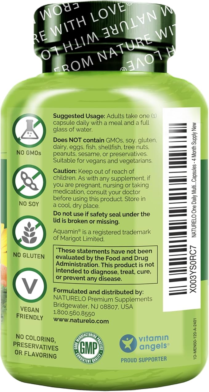NATURELO Mens Multivitamins for Men 50+ - One Daily Multivitamin for Men with Vitamins, Minerals & Organic Whole Foods, Boost Energy & Health, Non-GMO, 120 Vegetarian Capsules
