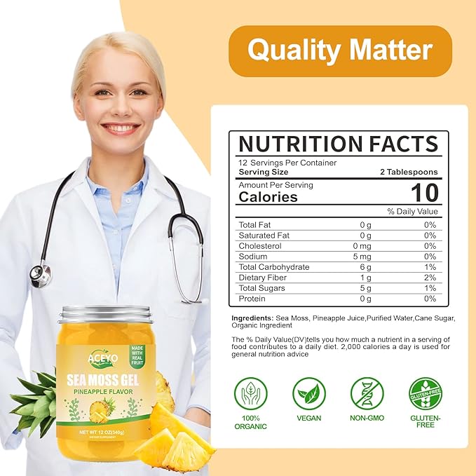 ACEYO (12 OZ Irish Sea Moss Gel Raw Vegan Pineapple Flavor 102 Vitamins and Minerals Wild Harvested Non-GMO Immune Defense Booster Thyroid Digestive Support