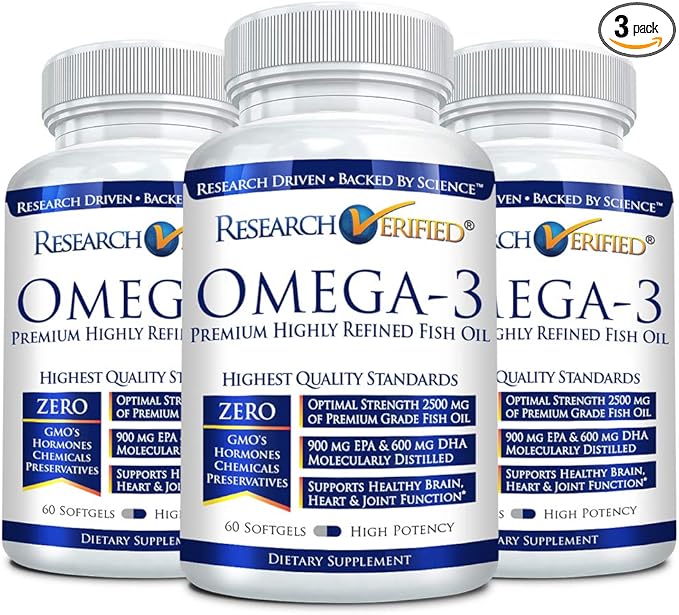 Research Verified Omega 3-1800mg Omega 3 Fish Oil - High 900mg EPA + 600mg DHA - No Aftertaste - 60 Softgel Capsules - 3 Bottles