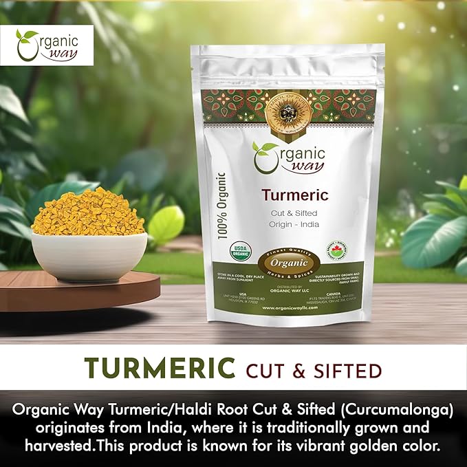 Organic Way Turmeric/Haldi Root Cut & Sifted (Curcuma longa) - Herbal Tea | Kosher & USDA Certified | Vegan, Non-GMO & Gluten Free | Tested for Heavy Metal and Purity | 100% Raw from India (1/2LBS / 8Oz.)