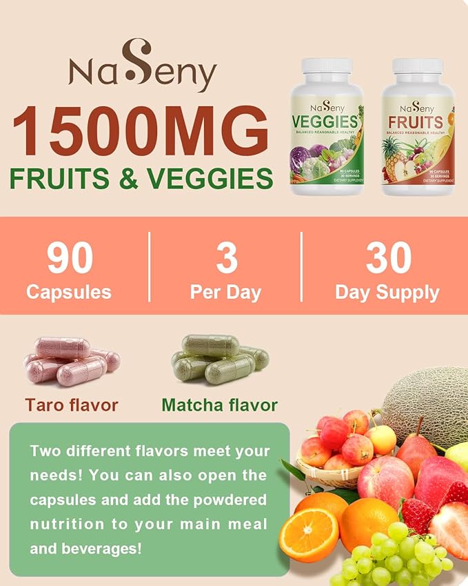 Fruits and Veggies Supplement with 40 Different Fruits & Vegetables-Nutrient-Rich Formula Rich in Vitamins and Minerals for All Ages for Energy, Immunity- 90 Fruit & 90 Veggie Capsules