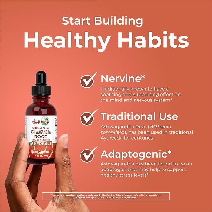 MaryRuth Organics Ashwagandha Root | USDA Organic Ashwagandha Liquid Drops | Stress Relief, Natural Calm, Relaxation and Mood Support Supplement | Adaptogenic | Nervine | Vegan | Non-GMO | 60 Servings