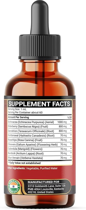 9in1 Lymphatic Drainage Drops Supplement - Echinacea | Elderberry | Dandelion | Rosehip | Cleavers | Calendula | Burdock - Lymph System Liquid Extract - Immune, Cleansing - 2 Fl Oz - 60 Days