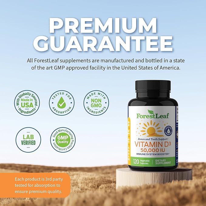 ForestLeaf Vitamin D3 50,000 IU | VIT D - VIT D3 Vitamin D Supplement for Women and Men | Bone Health, Teeth, Immune Support | Easy to Swallow Pills | High Potency WEEKLY Dose, 2-Year Supply, 120 Caps