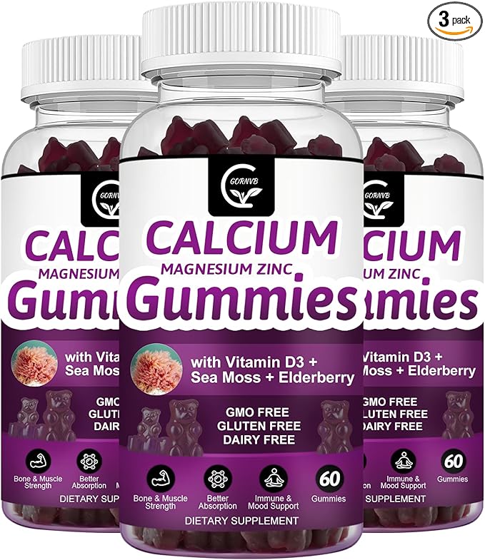 Calcium Magnesium Zinc Gummies with High Absorption Magnesium Glycinate Potassium - Plant Complex Calcium Magnesium 2:1 Ratio, with D3 Sea Moss for Bone, Muscles, Immune & Sleep Support, Vegan-3 Pack