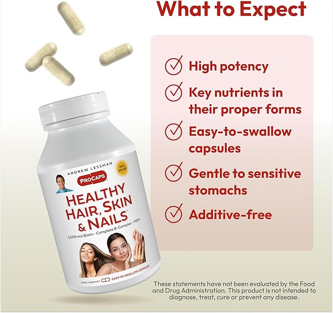 ANDREW LESSMAN Healthy Hair, Skin and Nails 60 Capsules - 5000 mcg High Bioactivity Biotin, B-Complex. Promotes Beautiful Skin, Strong Nails. No Additives Hair Growth Vitamins Biotin Supplement