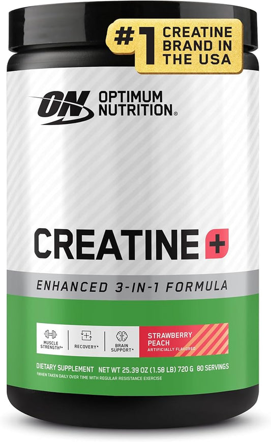 Optimum Nutrition Creatine Monohydrate Plus Powder, Strawberry Peach Flavored Creatine Performance Blend, with Electrolytes for Hydration, Added Vitamins, 80 Servings, 720 Grams (Packaging May Vary)