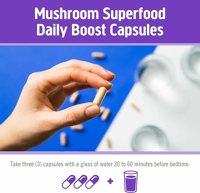 OM MUSHROOM SUPERFOOD Sleep Mushroom Capsules Superfood Supplement, 90 Count, 30 Days, Reishi, GABA, L-Theanine, Melatonin for Rest & Sleep Quality Superfood Supplement