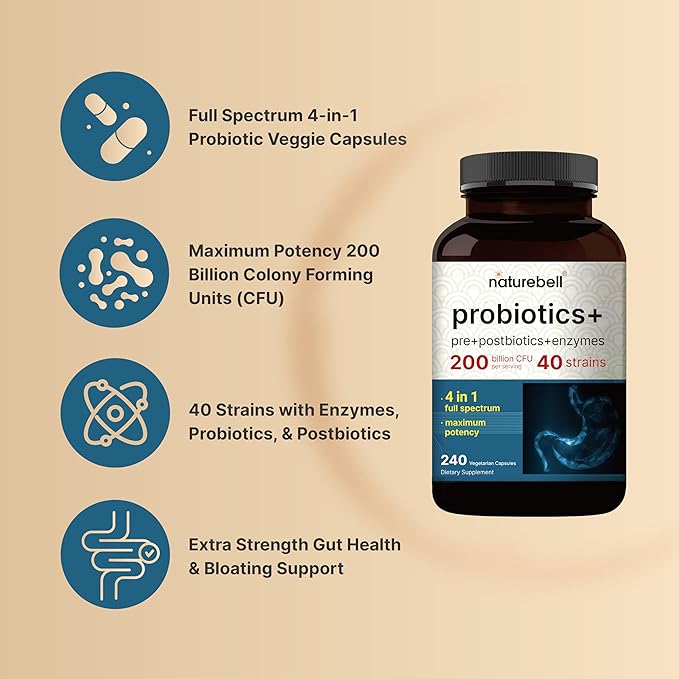 Probiotic 200 Billion CFU – 40 Strains Per Serving | 240 Veggie Capsules with Prebiotics and Probiotics for Digestive Health – Gut Health & Bloating Support | Daily Probiotics for Women & Men