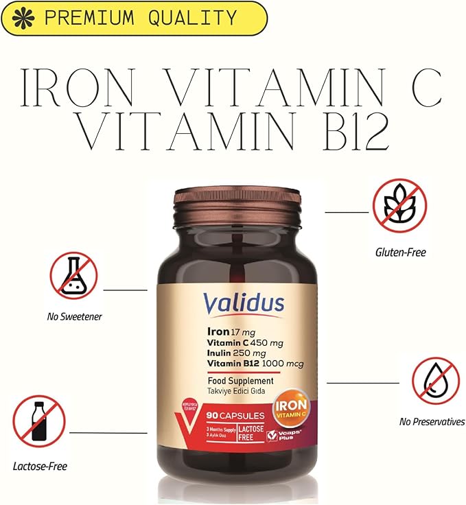 Validus Premium Iron 17 mg - 450 mg Vitamin C - Vitamin B12 1000 mcg - Red Blood Cell Support - Energy Production - Highly Bioavailable Iron Pill - Gluten Free & Vegan - 90 Capsules