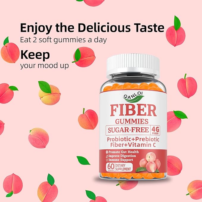 Probiotics + Prebiotics Fiber Gummies for Adults, 60 Billion CFU, 4g Prebiotic Per Serving, Promotes Intestinal Health & Enhances Immune System, Sugar Free, 60 Gummies