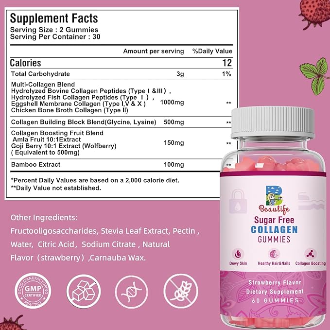 Collagen Gummies, with Biotin,Bamboo, Hydrolyzed Collagen Peptides Supplement, for Healthy Skin Support, 60 Gummies,Strawberry Flavor