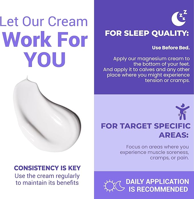 Magnesium Cream for Sleep & Muscle Relief: Topical Night Calming & Deep Relaxation Lotion - Restless Cramps Leg & Joint Care Lotion - Lavender 3.38 Fl. Oz.