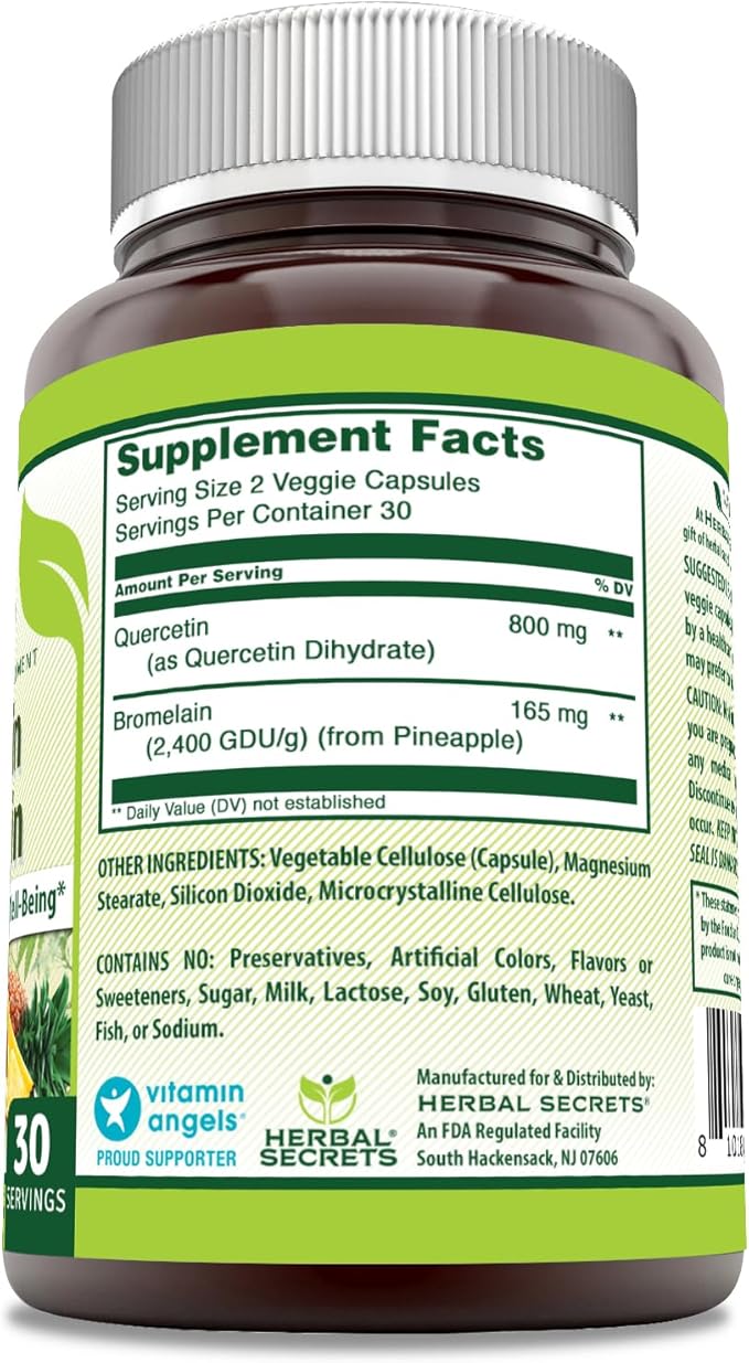 Herbal Secrets Quercetin 800 Mg with Bromelain 165 Mg Supplement | 60 Veggie Capsules | Non-GMO | Gluten-Free | Made in USA