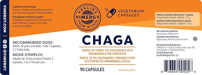 Vimergy Chaga Capsules – Superfood Cellular Support* – Cardiovascular Health Benefits* – Kosher, Vegan, Gluten-Free – 90 Capsules