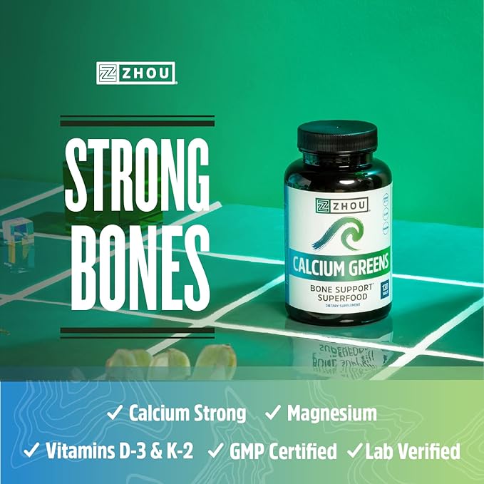Zhou Nutrition Calcium Greens, Bone Support Superfood, Calcium Magnesium Supplement from Algae, Vitamin D3 K2, 1300mg of Calcium, 120 Tablets