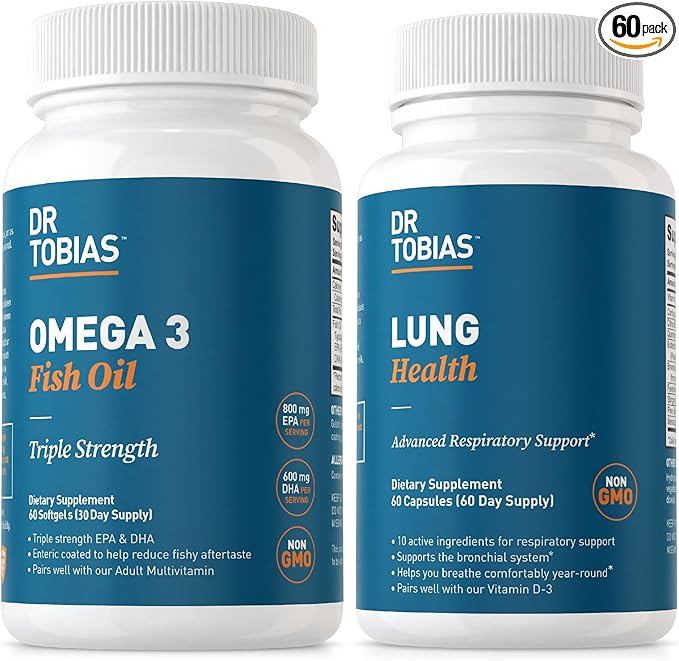 Dr. Tobias Omega 3 Fish Oil & Lung Health Supplements for Heart, Brain & Immune Support, Lung Cleanse & Detox Formula for Bronchial & Respiratory System, 60 Capsules