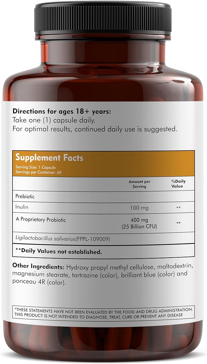 L-Salivarius Probiotics Bacteria with 25 Billion CFU for Women & Men, Helps in Improving The Metabolic Profiling, Promotes Good Bacteria and Balanced Internal Enviroment - 60 Veggie Capsules