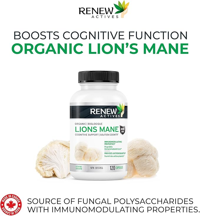 Renew Actives Premium Organic Lion's Mane Mushroom 1100MG per 2 Capsules - Supports Brain Function, Memory, Focus, Stress Relief & Immune Health, Non-GMO, Vegan - Made in Canada - 120 Capsules