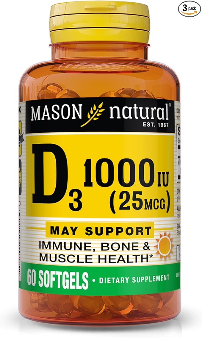 MASON NATURAL Vitamin D3 25 mcg (1000 IU) - Supports Overall Health, Strengthens Bones and Muscles, from Fish Liver Oil, 60 Softgels (Pack of 3)