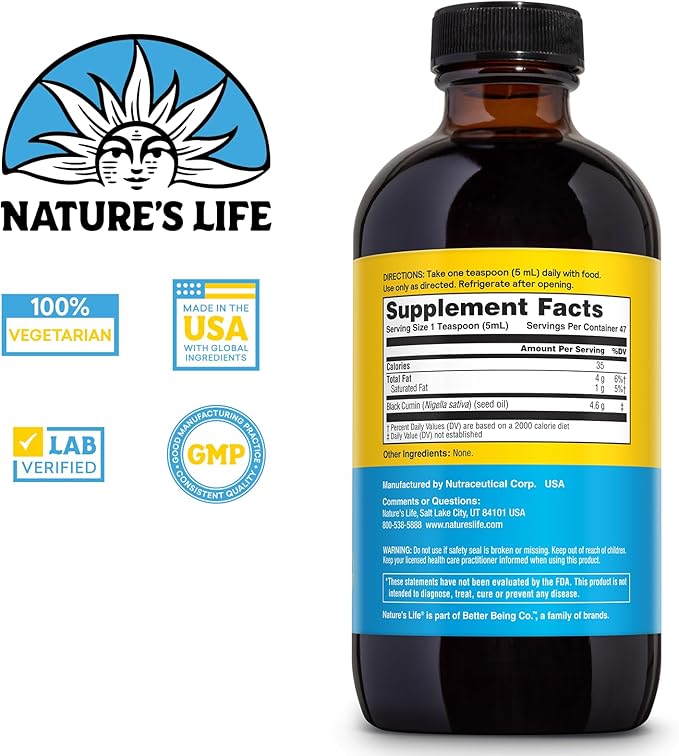 Nature’s Life Black Seed Oil, Cold-Pressed Black Cumin Seed Oil - Joint, Digestive Health, and Immune Support - Lab Verified, 60-Day Money-Back Guarantee - 47 Servings, 8 Fl. Oz.