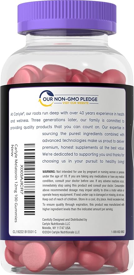 Carlyle Melatonin Gummies 12mg | 100 Count | Berry Flavor | Vegan Supplement | Non-GMO, Gluten Free
