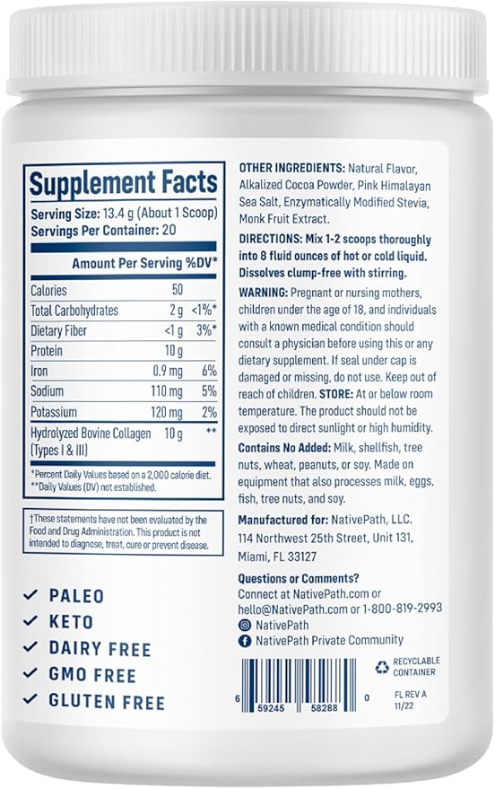 NativePath Collagen Peptides - Hydrolyzed Type 1 & 3 Collagen. Keto & Paleo Grass-Fed Protein Powder for Hair, Skin, Nails, Bones, Joints, Digestion and More - No Gluten or Dairy (Chocolate, 268g)