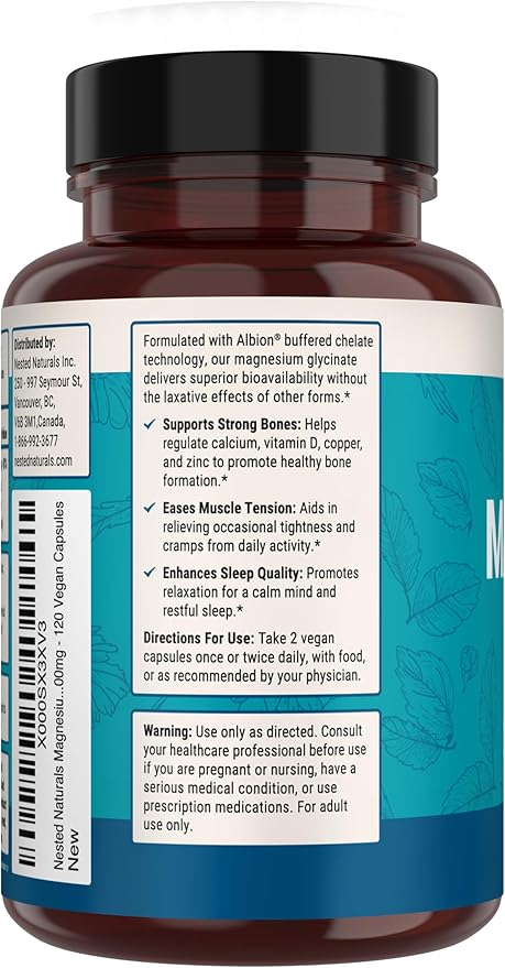 Nested Naturals Magnesium Glycinate Chelate - 200mg Chelated Magnesium Supplement for Muscle Cramps, Relaxation, & Sleep Support - 100% Albion TRACCS Buffered Magnesium Glycinate - 240 Vegan Capsules