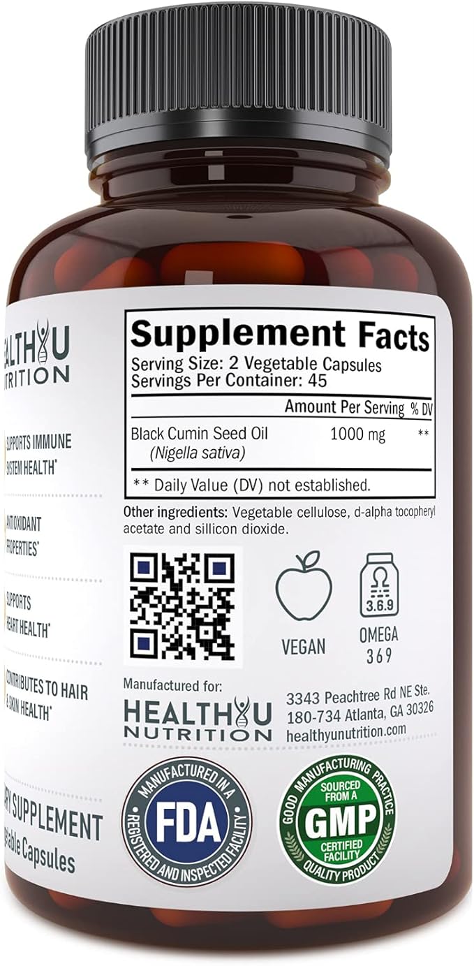 Premium Black Cumin Seed Oil Capsules - Virgin Cold Pressed Nigella Sativa Black Seed Oil Pills - Immune Support Supplement - Omega 3 6 9 Vitamin E Blackseed for Nails Hair Skin 1000 mg p/Serving