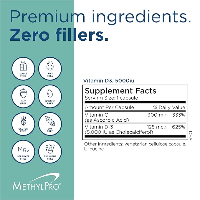 MethylPro Vitamin D3 5000 IU - Vitamin D Supplements with 125mcg of VIT D3 - Support Healthy Brain Function and Nutritional Status - Pairs Well with L-Methylfolate (90 Capsules)