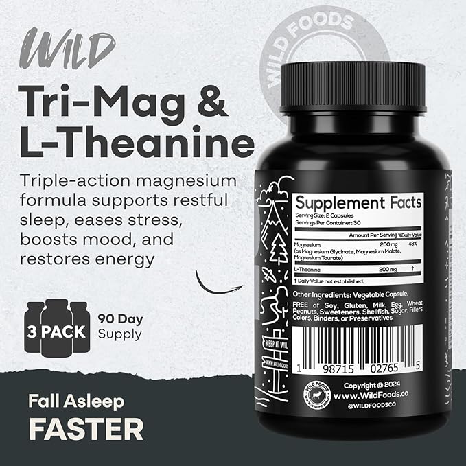 Wild Foods Tri-Mag & L-Theanine – Triple Magnesium Complex for Sleep w/L Theanine – Magnesium Glycinate, Malate, Taurate – 100% Natural – 60 Capsules