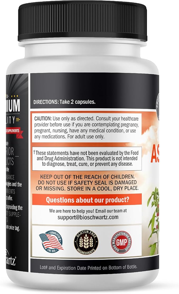 BioSchwartz Ashwagandha Supplements - Extra Strength Ashwagandha Capsules 500mg Per Serving - Gluten Free, Non-GMO, Made in The USA with Globally Sourced Ingredients, 60 Servings (120 Count)