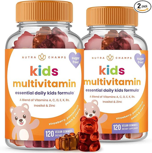 NutraChamps 120 Gummy Vitamins for Kids (Pack of 2), Sugar Free Kids Vitamins Gummy Multivitamin, Vegan & Non-GMO, Strawberry, Passionfruit, Peach & Cherry