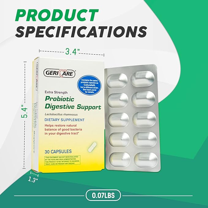 GeriCare Probiotic Digestive Support | Extra Strength 20 Billion CFU Lactobacillus Rhamnosus R-11 Daily Probiotic | Keeps Your Digestive System Balanced | 30 Capsules