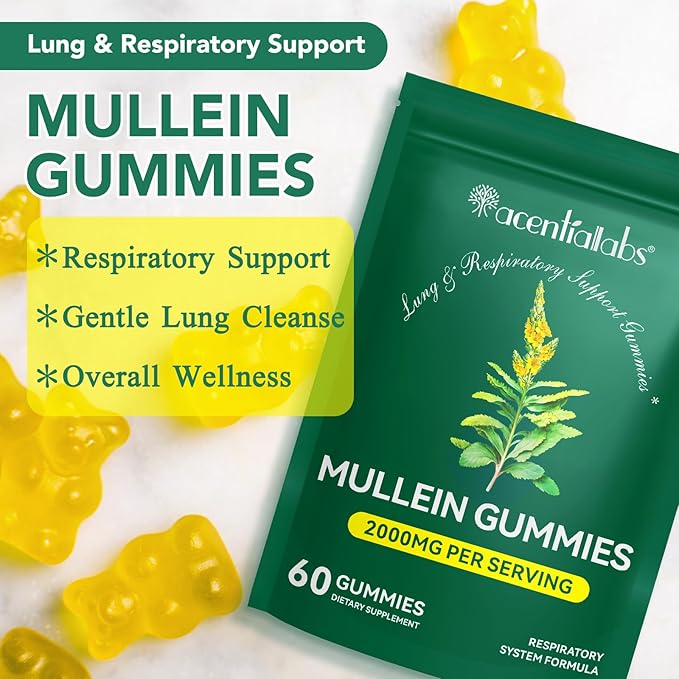Mullein Gummies for Lung Cleanse, 2000mg Mullein Leaf Extract for Respiratory & Digestive & Immune Support, Natural Mullein Herbal Supplement for Mucus Relief with Chlorophyll (60 Gummies)