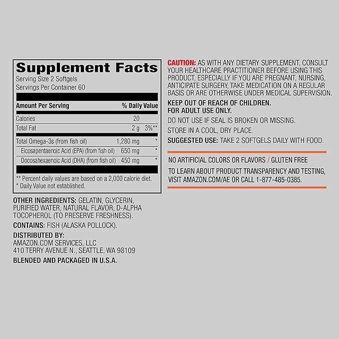 Amazon Elements Super Omega-3, EPA & DHA Omega-3 fatty acids (1280 mg per Serving, 2 Softgels), Natural Lemon Flavor, 120 Count (Packaging may vary)
